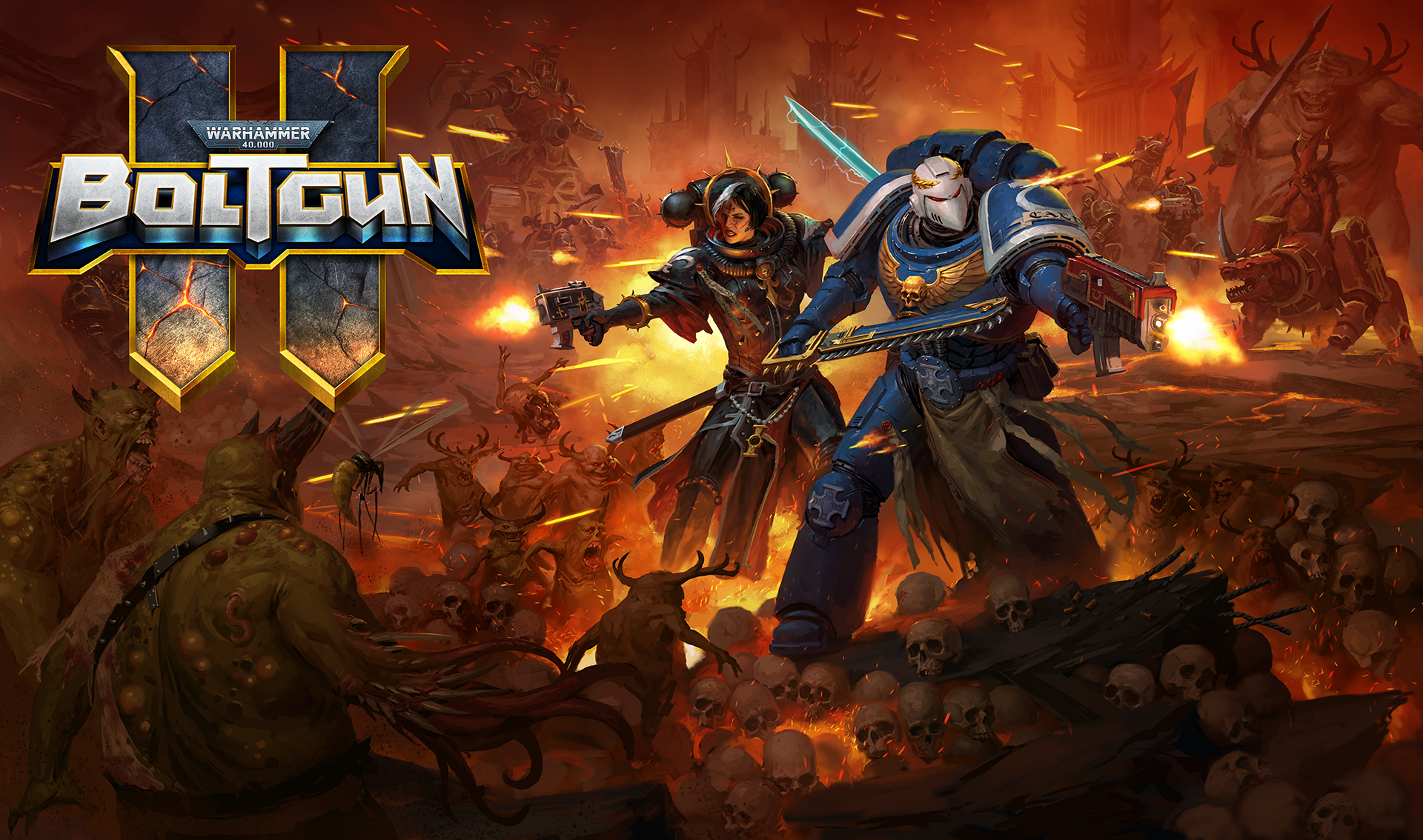 Official Warhammer 40000 Boltgun II game artwork featuring a Space Marine and Sister of Battle
