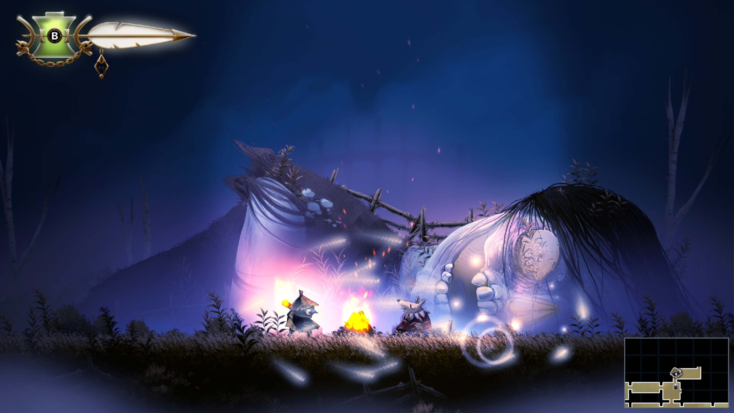 Glimmer beside a glowing campfire in the mysterious Well Dweller landscape