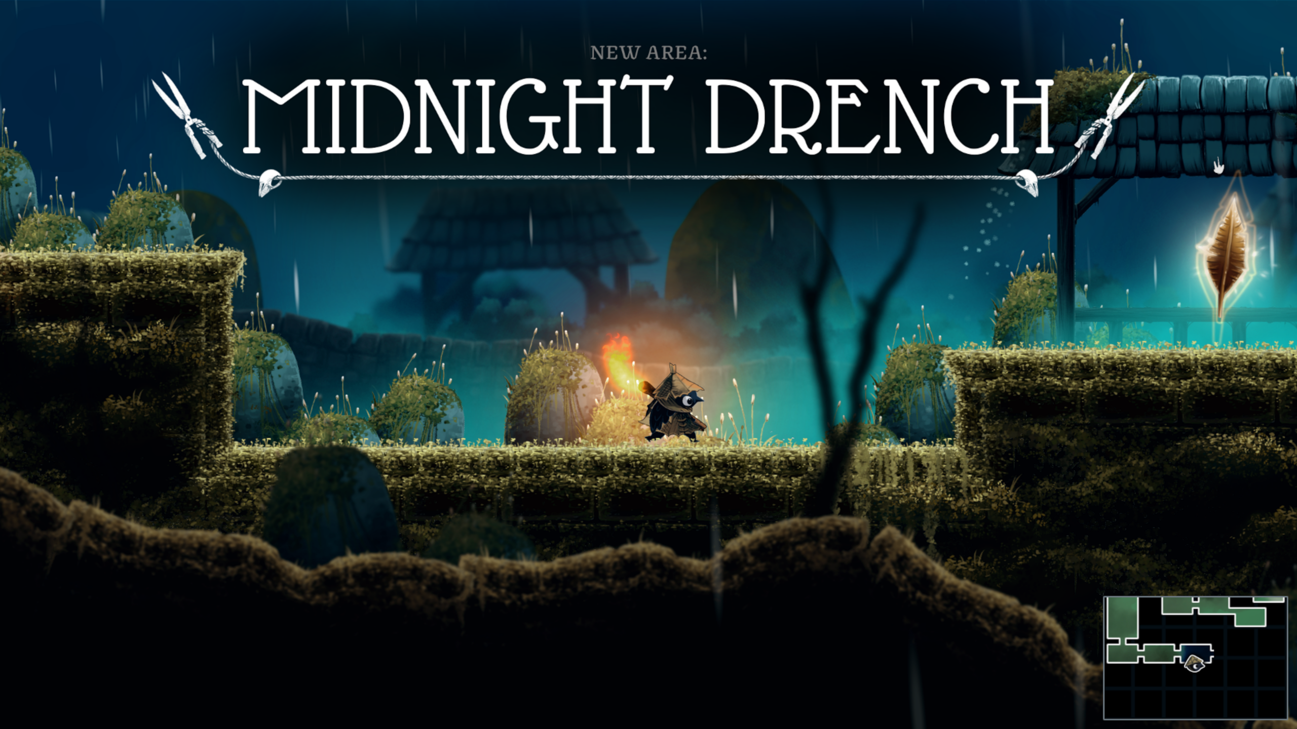 Well Dweller's atmospheric Midnight Drench area reveal with Glimmer holding a glowing matchstick