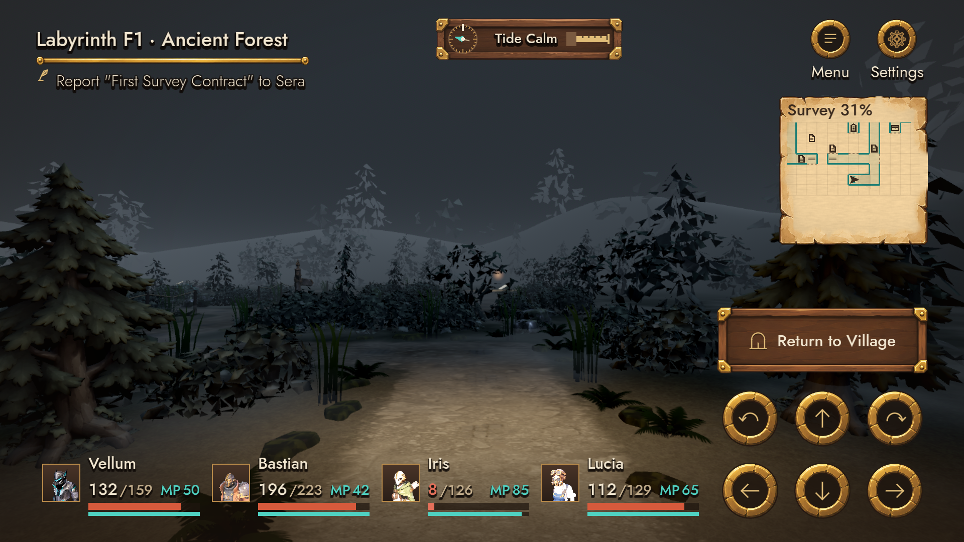 The first-person view of the Ancient Forest labyrinth, with the survey map taking shape.