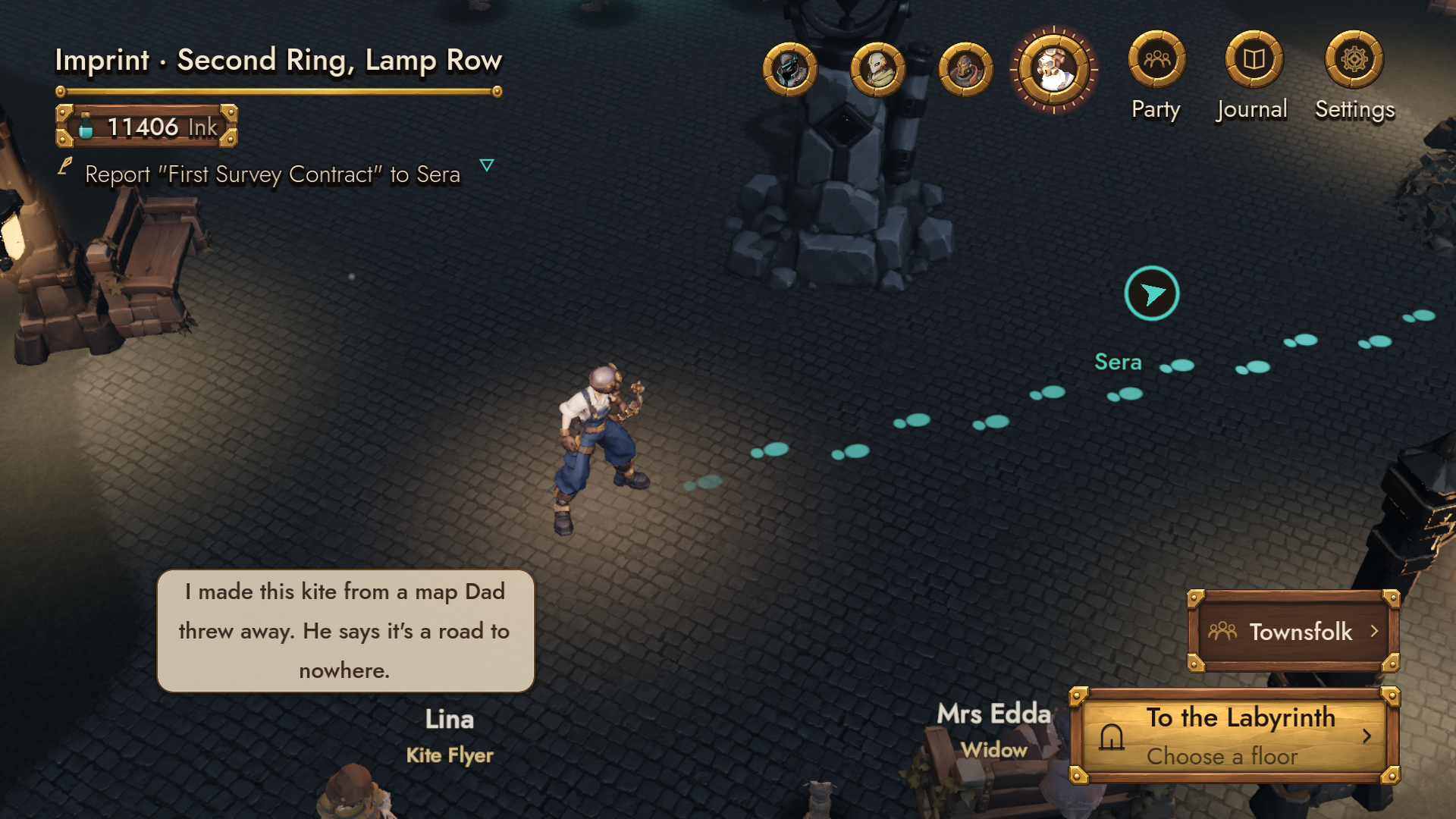 Original developer-supplied gameplay screenshot from White Cloud: The Oblivion Surveyor showing lamp row village hub and quest guide