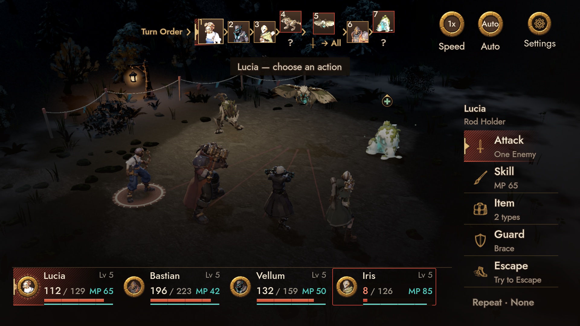 Party combat takes place in turns, with enemy investigation shaping how players respond.