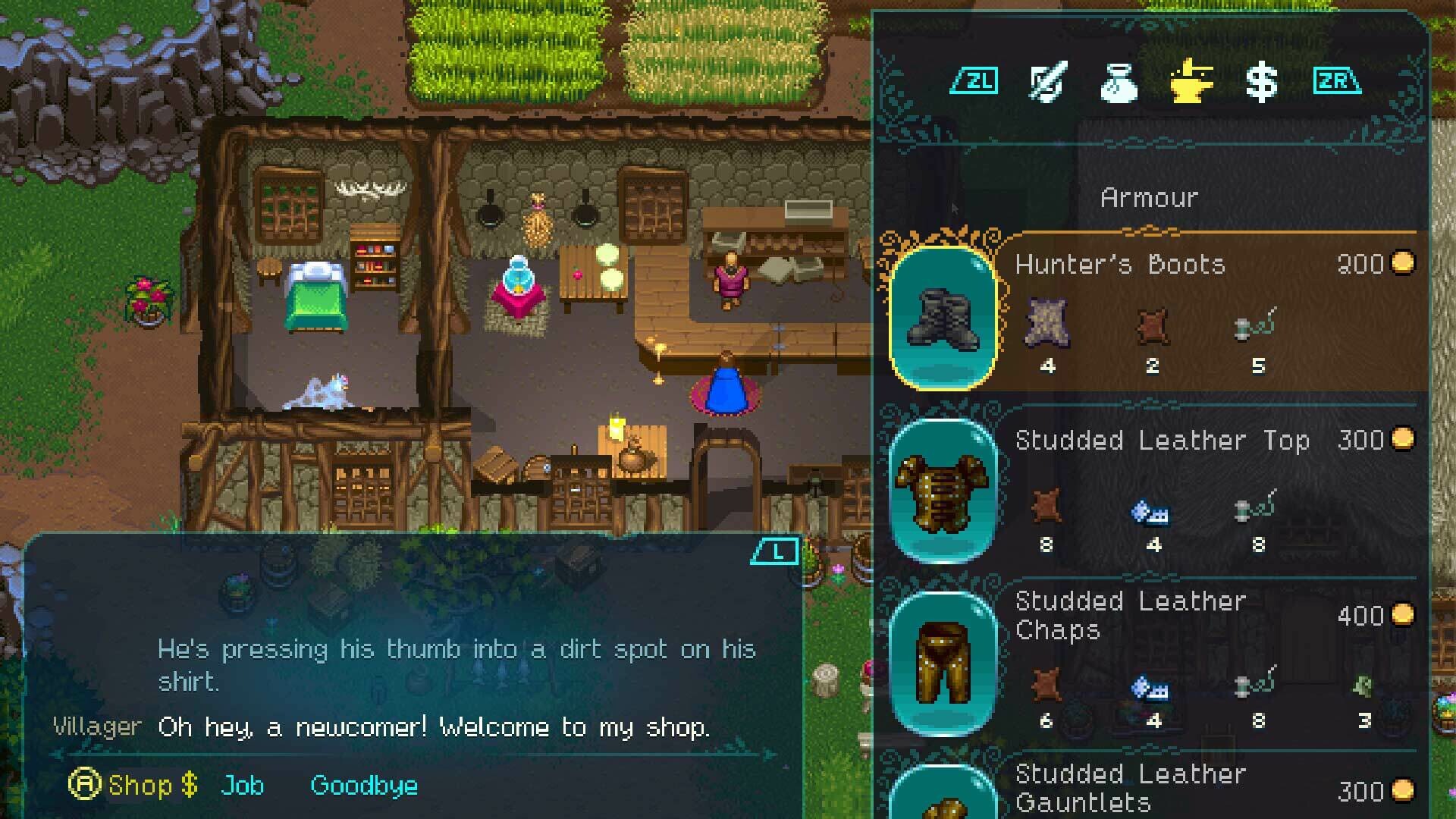 Official World of Anterra gameplay screenshot displaying character armour and shop equipment in pixel art