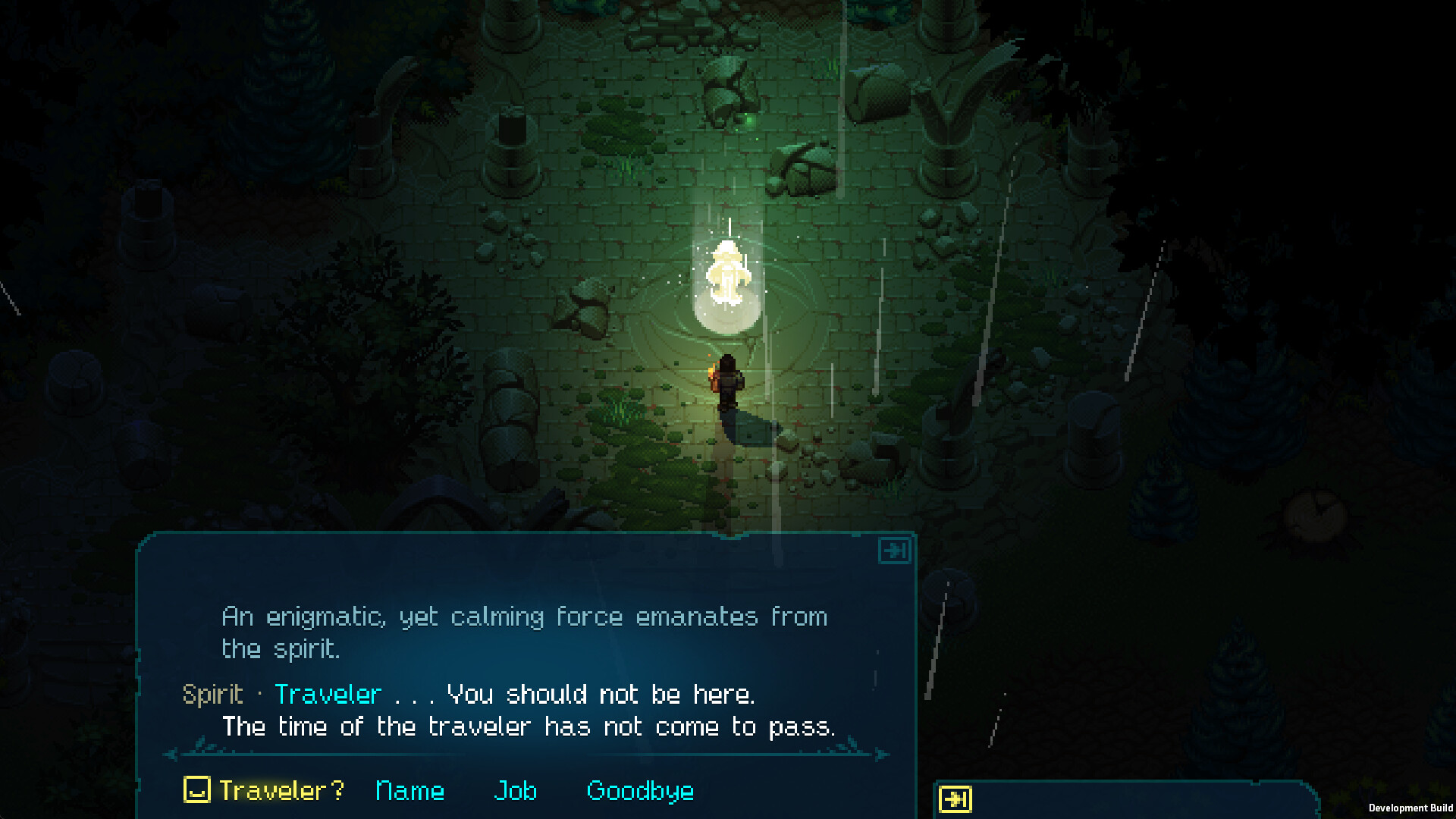 World of Anterra official game screenshot of a traveller approaching a glowing spirit in forest ruins