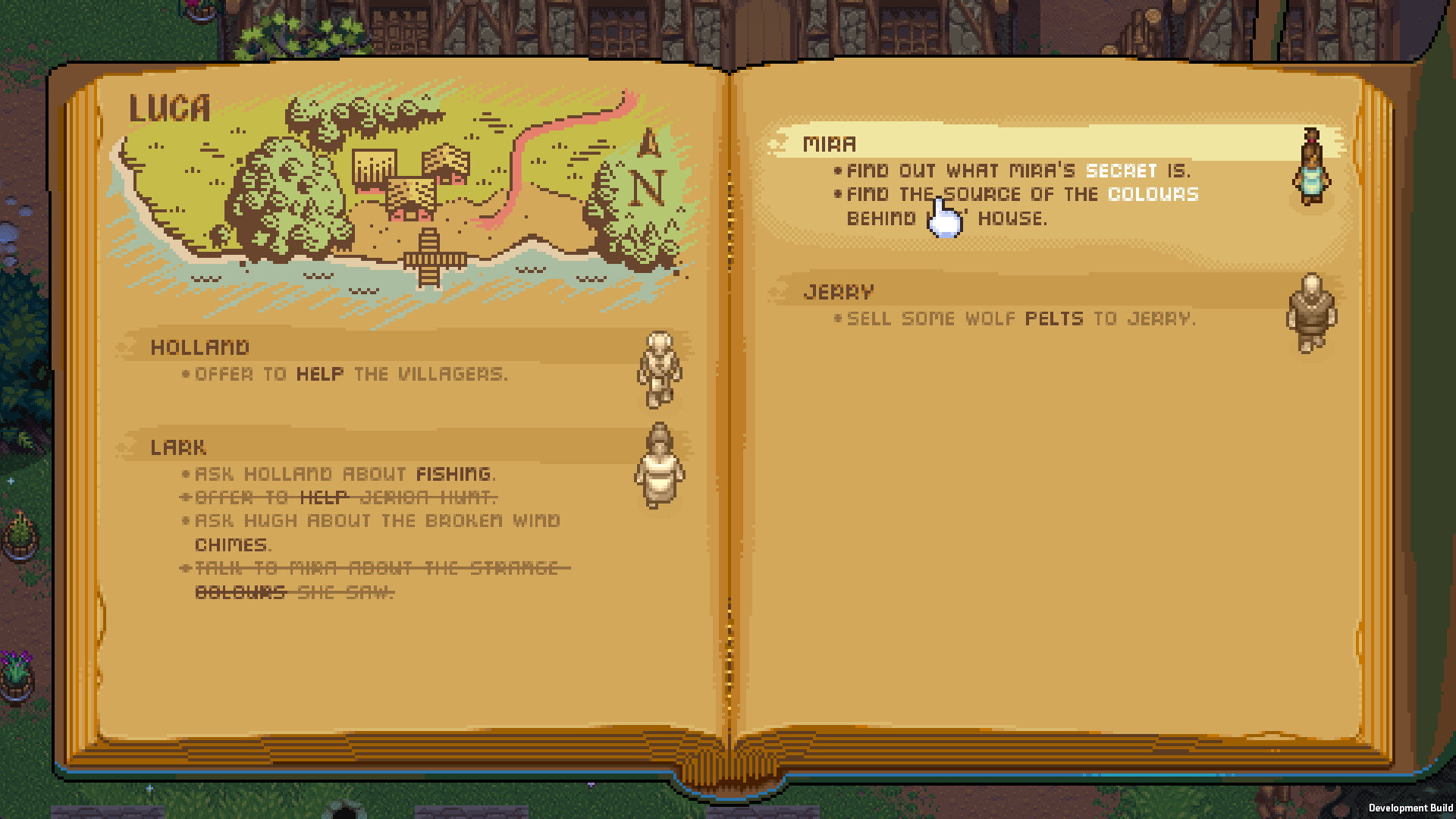 World of Anterra quest journal from its official Steam screenshots, with a book of story objectives and character information